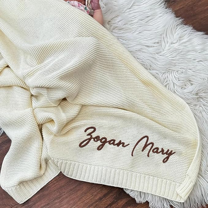 Luxury Personalized Name Knitted Baby Blanket -Embroidered, Soft Breathable Cotton Knit for Newborns - Valentine's Gift for New Moms, Baby Boy Girl Birthday Christmas.