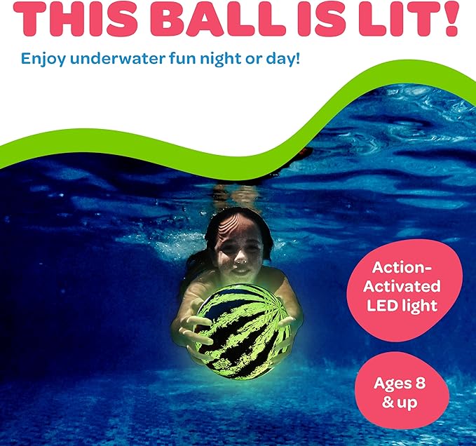 Watermelon Ball Lit - Glow in The Dark Pool Toy for Kids Ages 8-12, Teens, Adults - 9 Inch Swimming Pool Game for Family Fun
