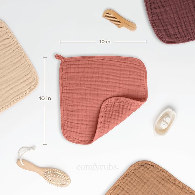 Comfy Cubs Muslin Baby Washcloths 10 Pack - Soft 6-Layer Cotton Wash Cloths for Sensitive Skin - 10"x10" Large, Gentle, Absorbent Infant Essentials for Newborn and Toddlers - Dusty Rose