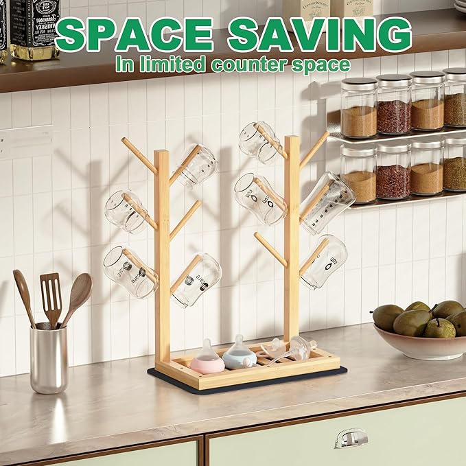 Baby Bottle Drying Rack, Vertical Bamboo Bottle Dryer Holder with Water Absorbent Pad, Space Saving Baby Bottle Organizer for Baby Bottles, Pump Part & Accessories(Natural, 12 Bottles)