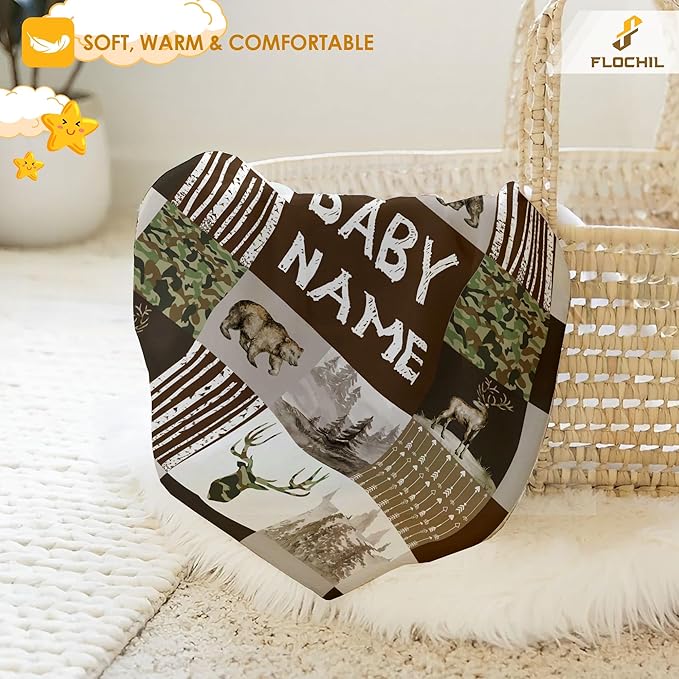 Personalized Baby Blankets, Custom Baby Blanket - Baby Blanket with Name for Boys, Best Gift for Baby, Newborn Elephants Flush Fleece (30x40) (Woodland 2)