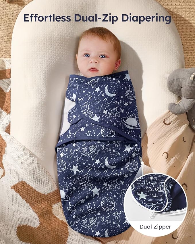 Baby Swaddles for Newborns with Zipper, 100% Cotton Newborn Swaddle Sack, 3 Pack Baby Swaddles 0-3 Months Swaddle Sleep Sack for Newborn Baby Boy Girl Blue Planet