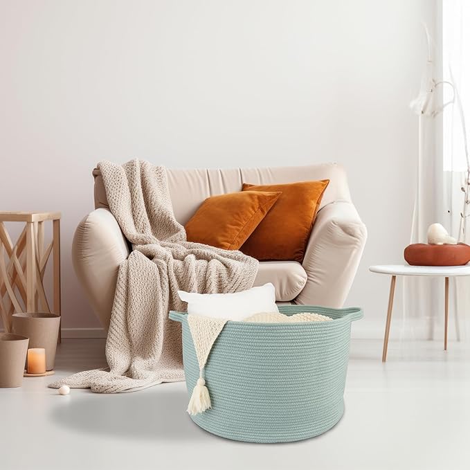 Large Cotton Rope Basket – 22"x14" Woven Storage Basket for Blankets, Toys, Laundry, and Nursery – Round Baskets for Living Room, Kids, and Pets Light Green