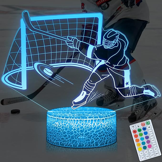 3D Ice Hockey Light Illusion, 16 Colors LED Night Light - Touch and Remote Control, Timer Tpye-C Dimmable Hockey Lamp, Room Home Decor