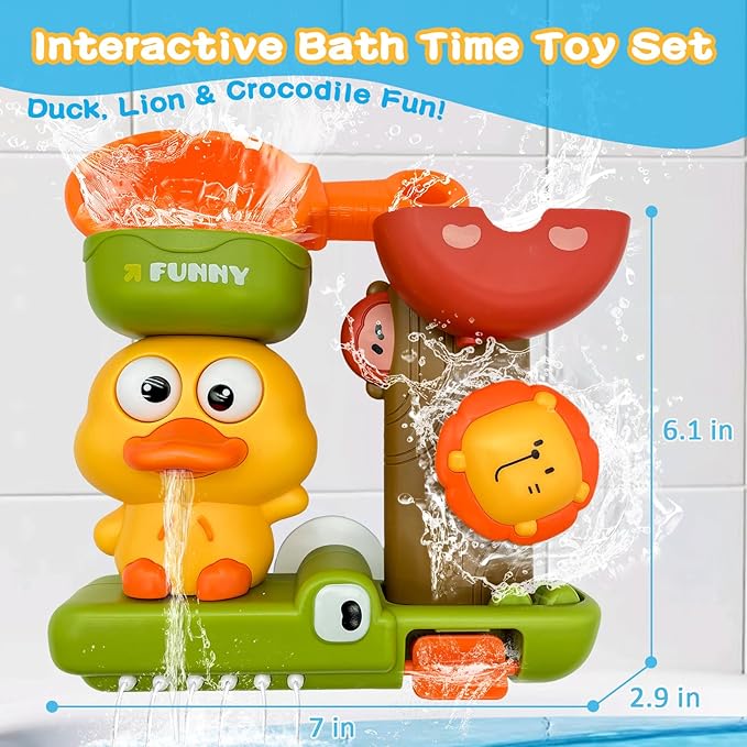 Baby Bath Toys with Scoop Suction Cup, Interactive Duck Lion Bathtub Toy for Toddlers 1-3, Infant Fun Shower Gift for Bath Time 1 2 3 4 Year Boy Girl