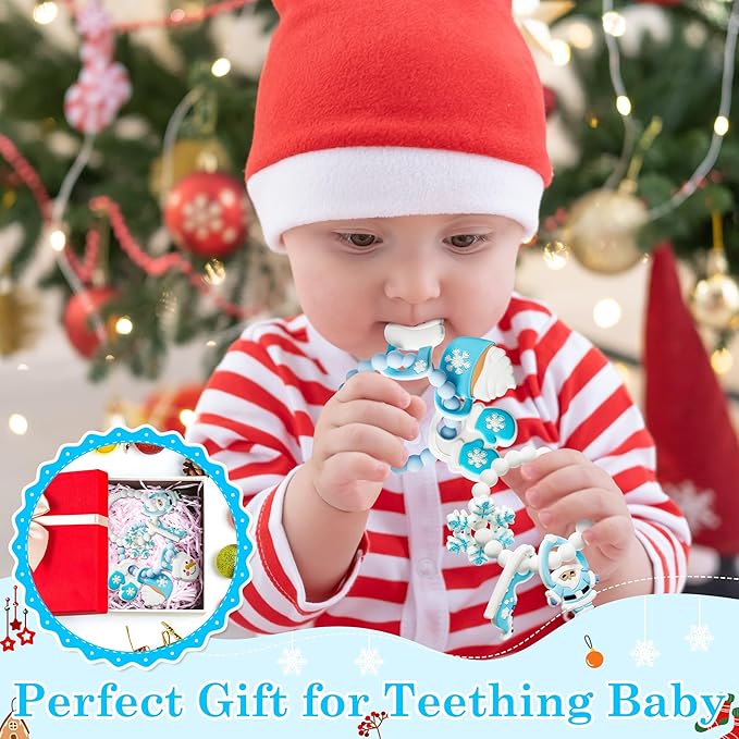 2Pcs Christmas Baby Silicone Teething Toys - Santa and Sleigh Ring, Soft Snowman Snowflake Teether for Toddlers - Chew Toy Gifts for Baby Boys and Girls