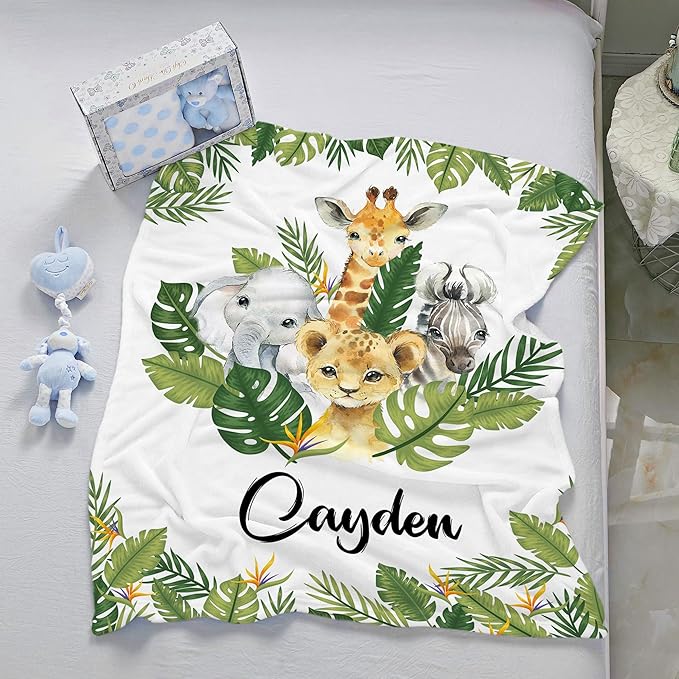 J&SBGFT Personalized Baby Blanket for Boys,Custom Baby Blanket with Name, Customized Name Blanket Receiving Blankets for Toddlers Kids Nursery Stroller Crib Decor Throw,Safari Animal Leaf