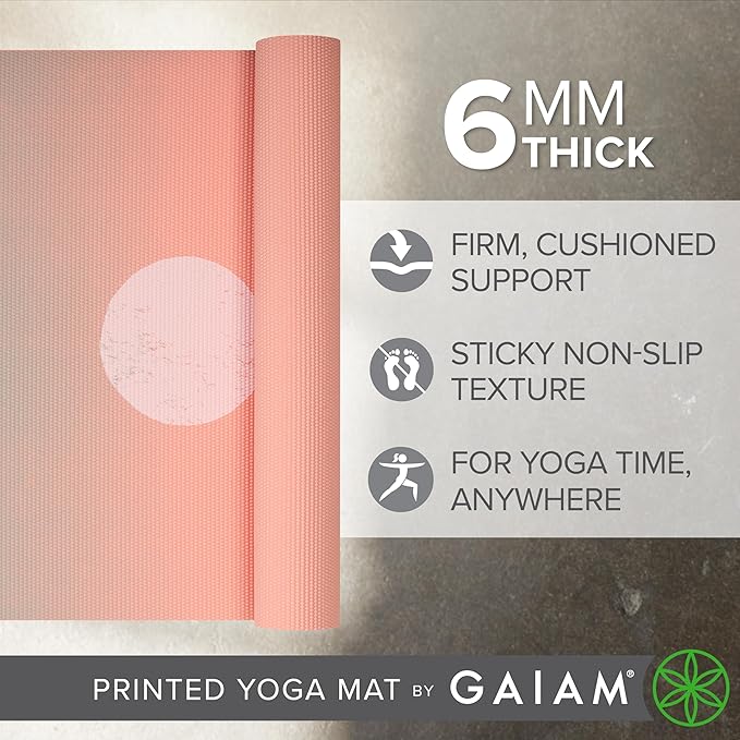 Gaiam Yoga Mat - Premium 6mm Print Extra Thick Non Slip Exercise & Fitness Mat for All Types of Yoga, Pilates & Floor Workouts (68"L x 24"W x 6mm Thick)