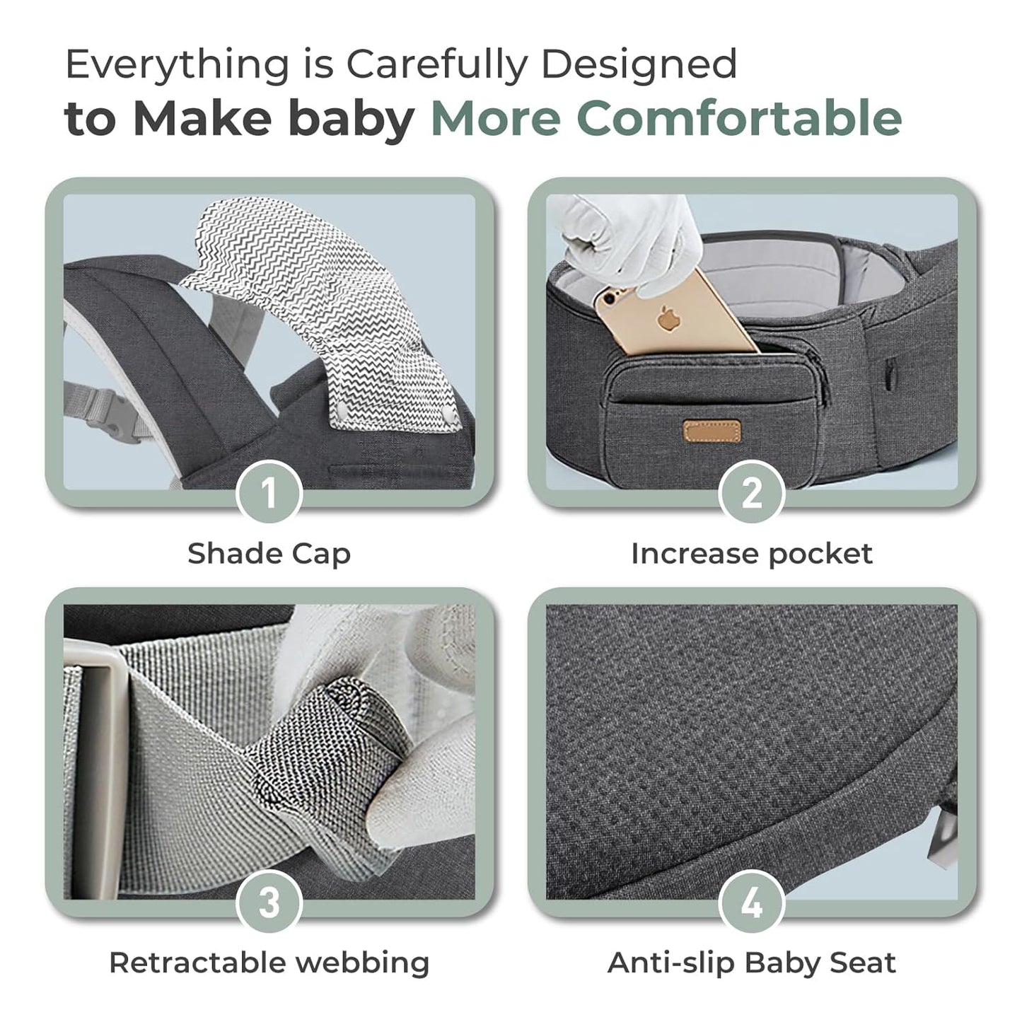 FRUITEAM Baby Carrier Newborn to Toddler, 6-in-1 Ergonomic & Adjustable Baby Carrier with Lumbar Support for All Seasons, Hands-Free, Adapt to Newborn, Infant & Toddler (Grey)