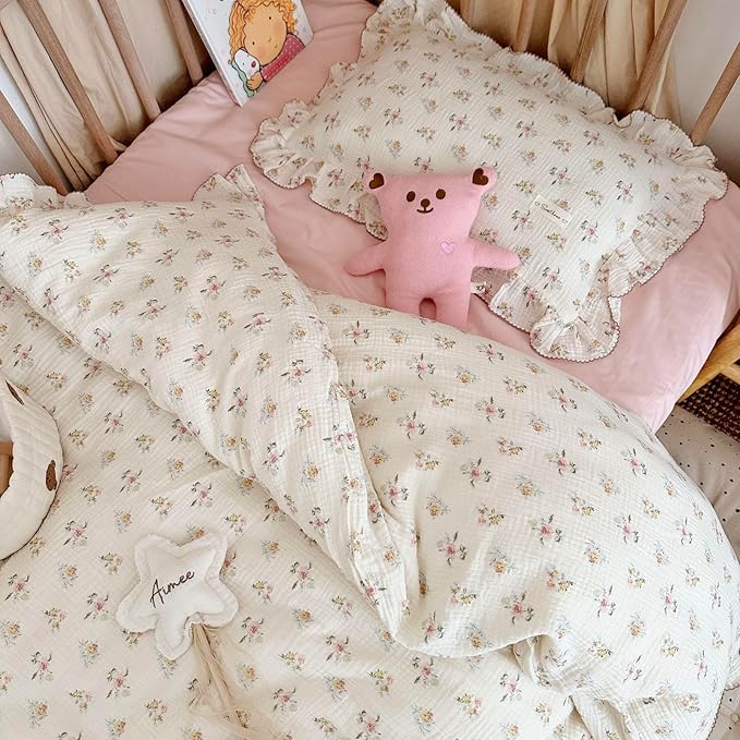 BuLuTu Cotton Muslin Kids Toddler Pillowcase with Cute Azalea Flowers Pattern Super Soft Crib Nursery Pillowcase for Boys,Girls,Bedding Decor Machine Washable, Durable Pillowcase,1 Piece,Standard