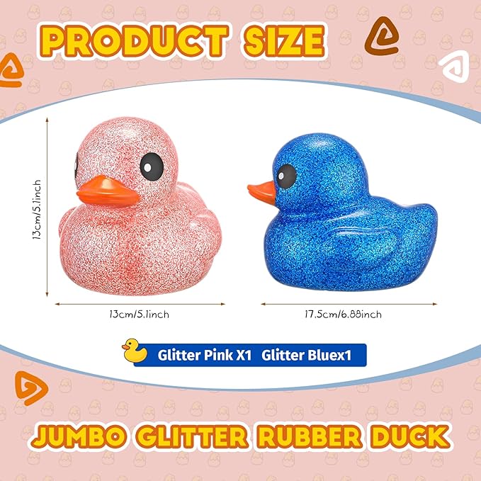 Honoson 2 Pcs 6.89 Inch Giant Glitter Rubber Ducks Big Sparkly Rubber Ducks Jumbo Bathtub Toys with Squeaky Sound for Baby Shower Pool Activity Birthday Gift(Glitter,Blue, Pink)