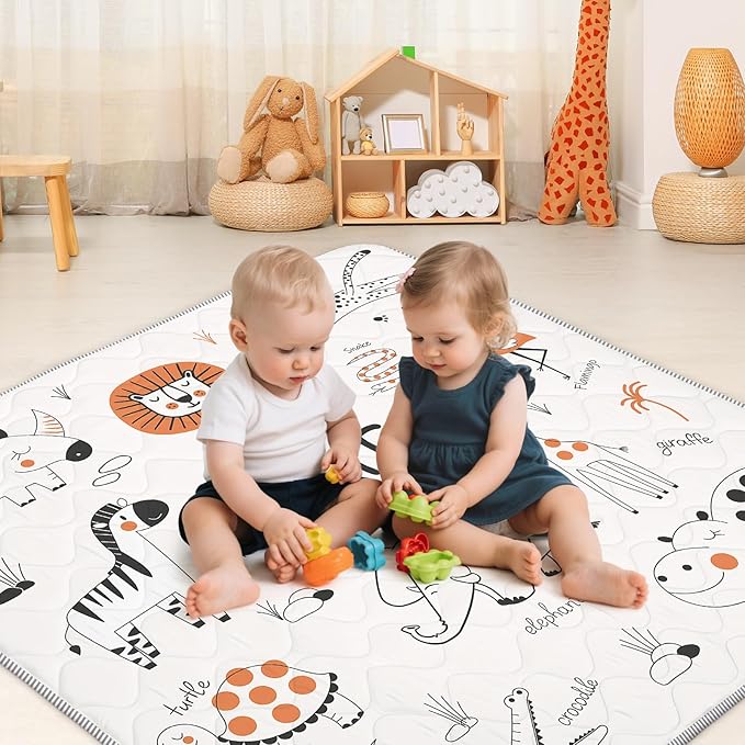 Baby Play Mat for Floor,Soft 50x50 Playpen Mat,Thick Foam Cushioned Playmat for Tummy Time,Safe Non-Slip Backing for Crawling for Kids Toddlers Infants,Line Animals