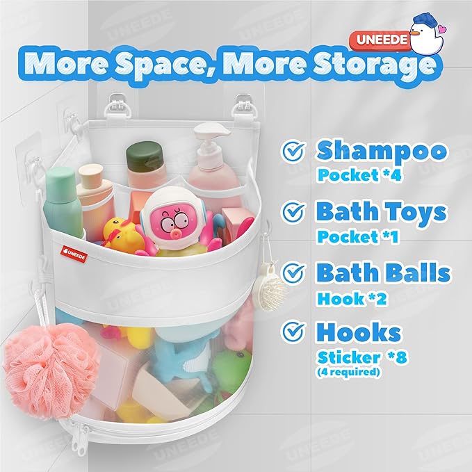 UNEEDE 3.5 Gallons Corner Mounted Versatile Bath Toy Organizer, Mesh Shower Caddy for Bathtub Toy Organizer and Storage, Quick Dry Bath Toy Holder