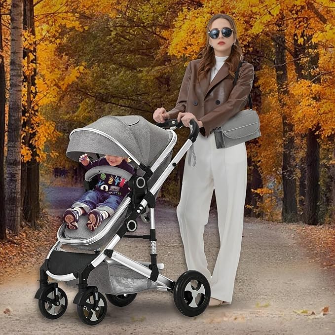 Kinder King 2 in 1 Convertible Baby Stroller, Folding High Landscape Infant Carriage, Newborn Reversible Pram, Adjustable Canopy, Diaper Bag, Anti-Shock Toddler Pushchair Stroller, Light Grey