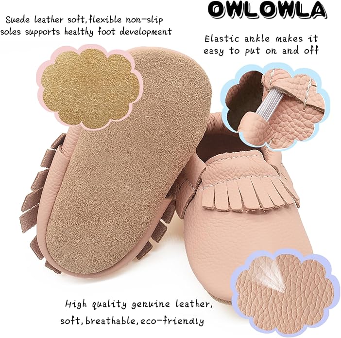 OWLOWLA Baby Moccasins Soft Sole Leather Baby Shoes Infant Toddler Pre-Walker Shoes Baby Boy Girl