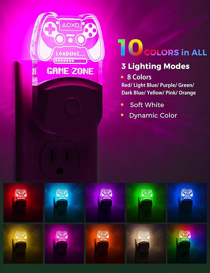 LED Game Sign Gamepad Shape Night Light, Plug in Night Light with Multi Color Personalized, Dusk to Dawn Sensor, Ideal for Boys, Game's Room Decor, Bedroom