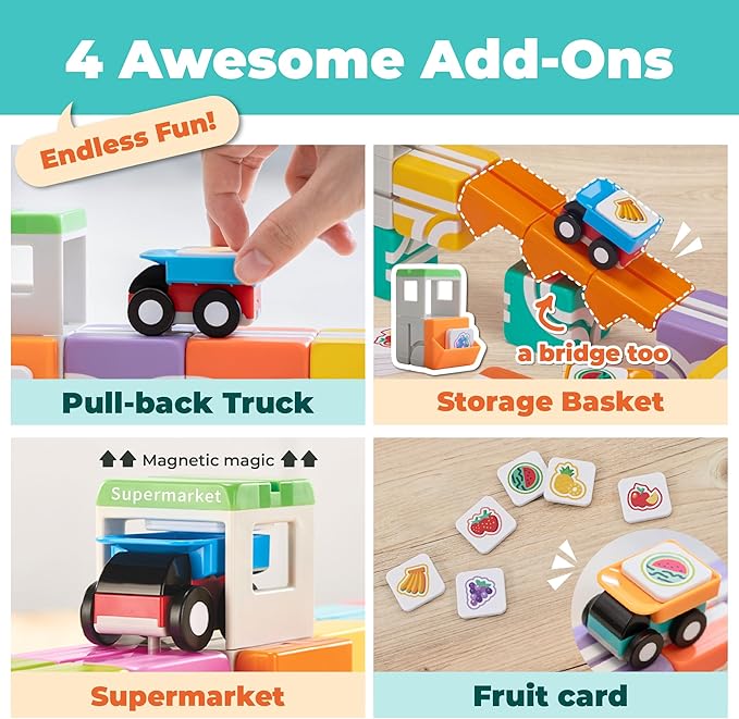 QBI Magnetic Blocks for Toddlers Ages 2-4｜STEM Magnetic Building Blocks with Trucks & Fruit Tiles｜Montessori Magnet Building Cubes for Kids｜Educational Gifts for Boys & Girls Ages 2+ (32PCS)