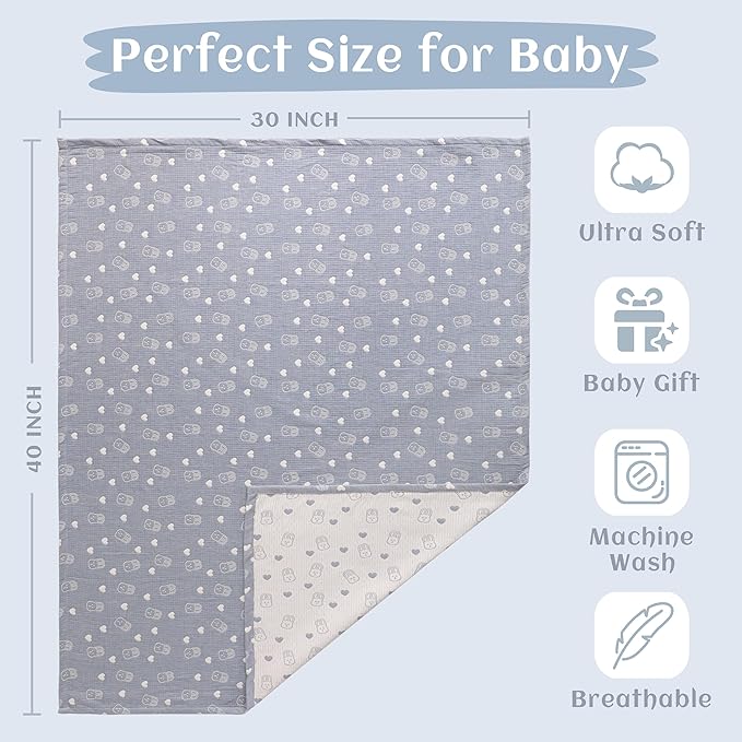 NTBAY 3 Layer Muslin Cotton Toddler Blanket, Jacquard Reversible Nursery Bed Blanket, Super Soft and Thermal for All Seasons, Decoration Gift, 30"x40", Blue Rabbit