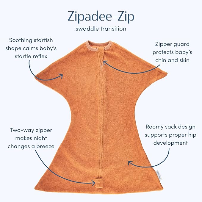 SleepingBaby Zipadee-Zip Transition Swaddle - Cozy Fleece Wearable Blanket with Two-Way Zipper for Baby Sleep - Spice, Large (12-24 Month)