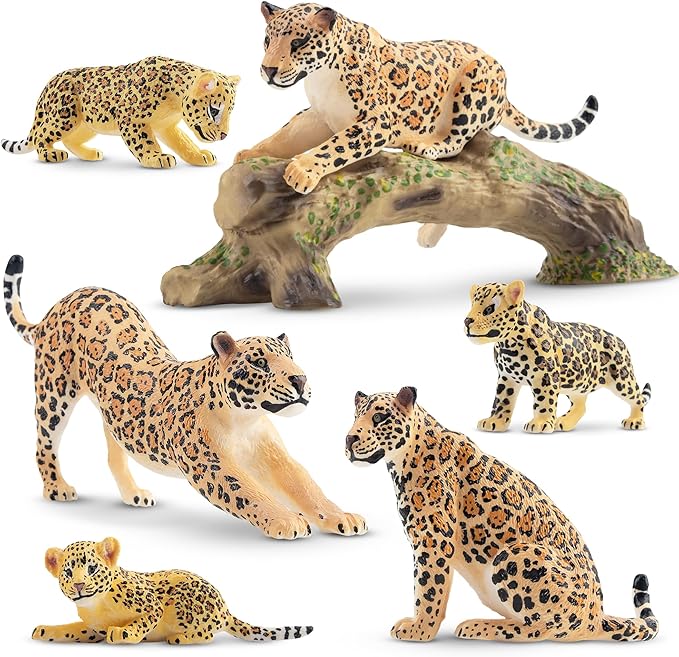 Toymany 7PCS Jaguars Figurines with Jaguars Cub and Tree Trunk, Realistic Jungle Animals Figures Family Playset, Educational Toy Cake Toppers