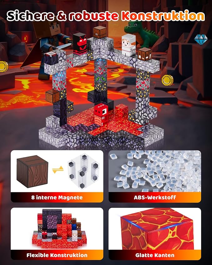 115PCS Magnetic Blocks - Building Toys for Boys Girls 3+, with 20 Unique Patterns, Lava Rivers, Volcanoes, & Dragons, STEM Sensory Toys for Kids Boys Girls Ages 3 4 5 6 7 8 9 Birthday Gifts