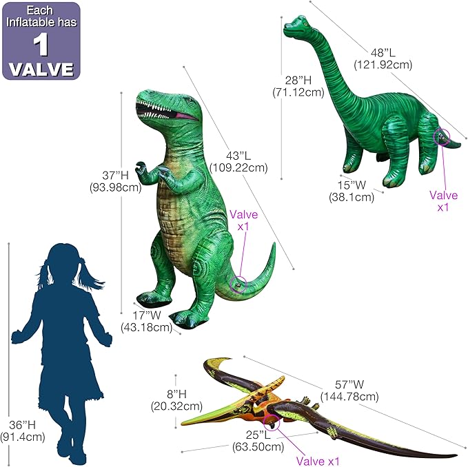 Jet Creations Inflatable Dinosaur 3-Pack – T-Rex (37"), Brachiosaurus (28"), Pteranodon (57") – Prehistoric Animal Toys for Kids & Adults, Jurassic Decor, Pool Fun, Party Display & Photo Props