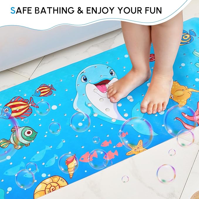 Vannokor Baby Bath Mat for Tub Non Slip Kids, 40 X 16 Inch Extra Long Bathtub Mat with Drain Holes and Suction Cups, Anti Slip Shower Mat Machine Washable, Dolphin