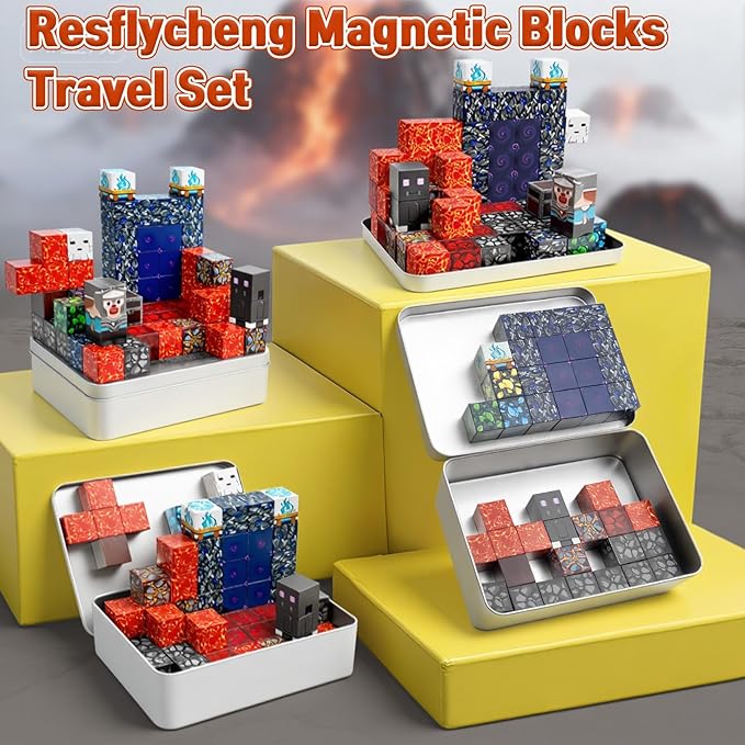 70PCS Magnetic Building Blocks Travel Toys for Kids Ages 4-8, Lava Portal Mini Magnetic Blocks with Iron Storage Box, Portable Magnet Cubes STEM Learning Set for Toddler Boys Girls Ages 3+