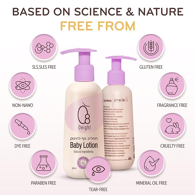 Oeight Baby Lotion is a natural body lotion for newborns and infants, ideal for sensitive skin. This gentle moisturizer soothes, softens, and nourishes, making it perfect for kidswith dry