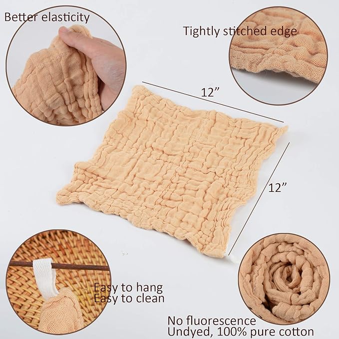 Baby Muslin Washcloths 100% Natural Unbleached Cotton, Extra Soft Baby Wipes Burp Cloths Small Face Towels Spit Up Rags for Newborns Infants Sensitive Skin, Shower Gift Set 12x12 inches 5 Pcs