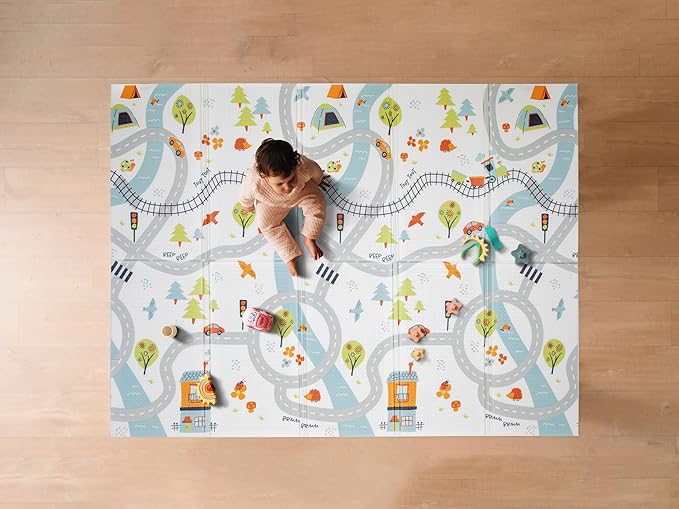 Nuby Reversible Baby Floor Mat - Foldable and Lightweight Foam Infant Play Mat - 77" x 58" - Easy Storage and Travel - Car Tracks/Alphabet