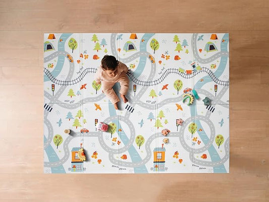 Nuby Reversible Baby Floor Mat - Foldable and Lightweight Foam Infant Play Mat - 77" x 58" - Easy Storage and Travel - Car Tracks/Alphabet