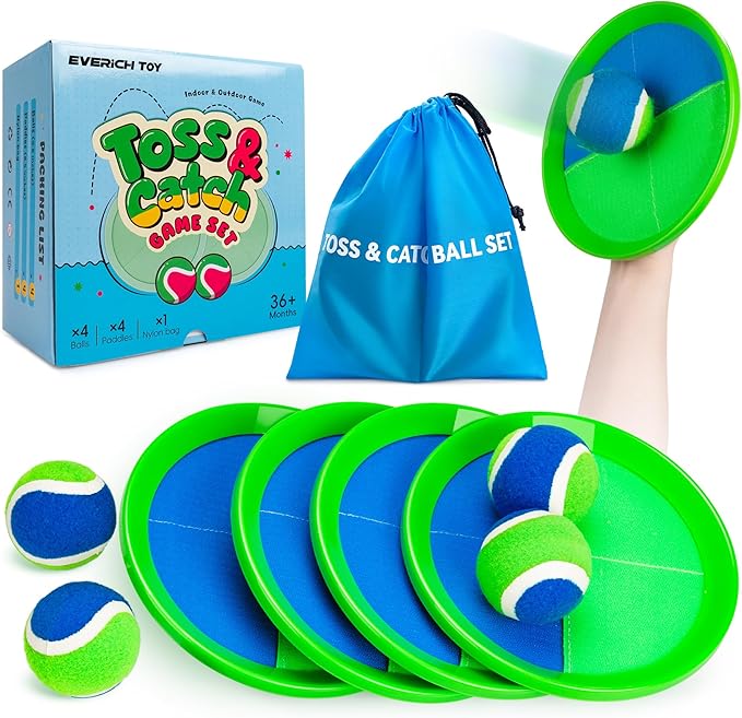 EVERICH Upgraded Toss and Catch Ball Game Set, Outdoor Games for Kids Outdoor Toys Yard Games, Beach Pool Toys for Adults Family 4 Paddles 4 Balls, Great Gifts for Boys Girls 3 4 5 6 7 8-12 Years Old