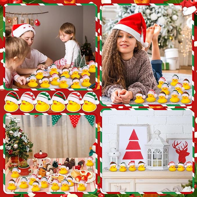Liliful 24 Pcs Christmas Rubber Ducks with Hat Xmas Mini Rubber Ducks in Bulk Holiday Party Favors Bath Toys for Christmas Party Decor Gift (Striped Hat)