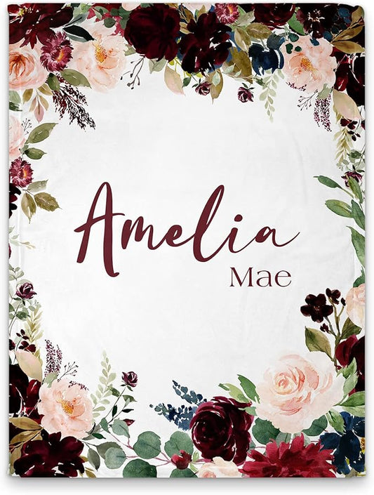 Girls Love A Monogram - Personalzied Floral Baby Blankets for Girls - Custom Baby Blankets for Girls with Name - Personalized Baby Girl Shower Gifts (Maroon & Navy 2, 50 X 60 Kids)