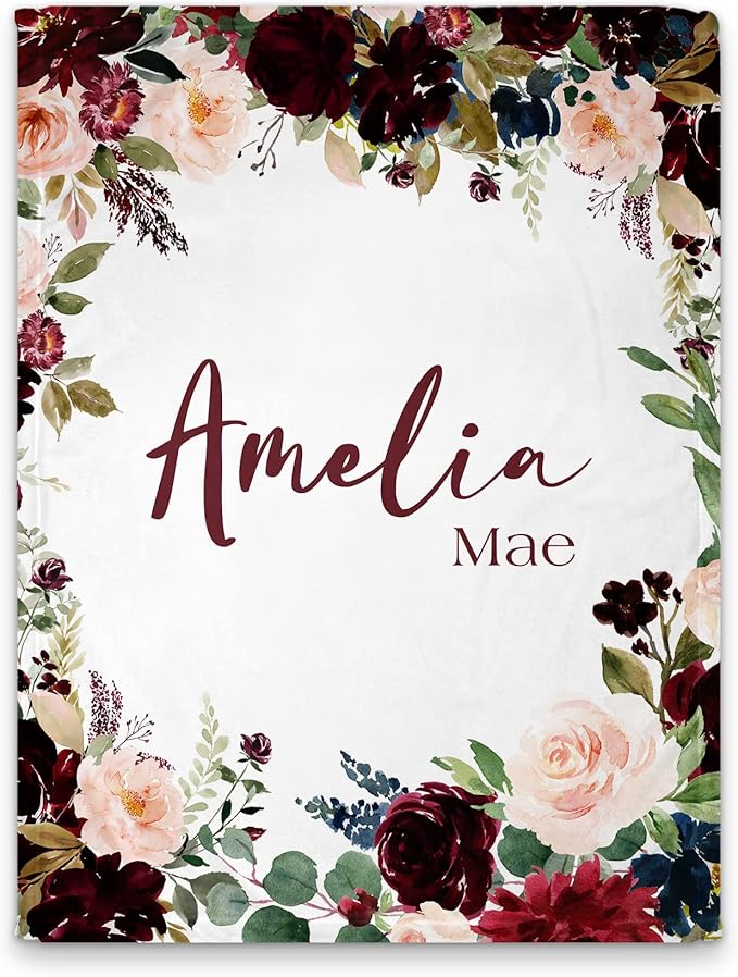 Girls Love A Monogram - Personalzied Maroon and Navy Floral Baby Blankets for Girls with Name - Personalized (Maroon & Navy 2, 30 X 40 Baby)