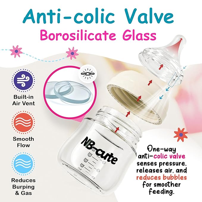 Glass Baby Bottles Anti Colic Set 2 Pack 3oz and 6oz BPA Free Heat Resistant Borosilicate Glass with 3 Silicone Nipples Wide Neck Gift Box Baby Shower Easy to Sterilize for Newborn Infant 0-9 Months