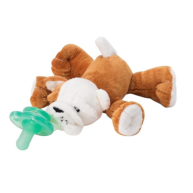 Nookums Paci-Plushies Shakies - Pacifier Holder with Built in Rattle (2 in 1)- Adapts to Name Brand Pacifiers, Suitable for All Ages, Plush Toy Includes Detachable Pacifier (Bull Dog)