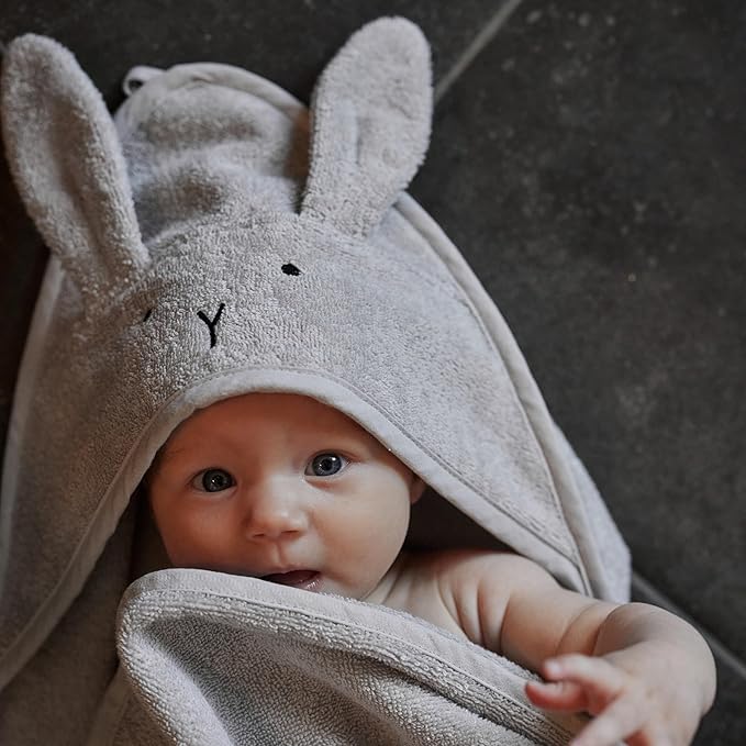 Baby Hooded Towel – Organic Cotton Baby Bath Towels, 32" x 32" Super-Soft and Absorbent Baby Towels for Newborn 2-Pack (Rabbit Grey/Bear Natural)