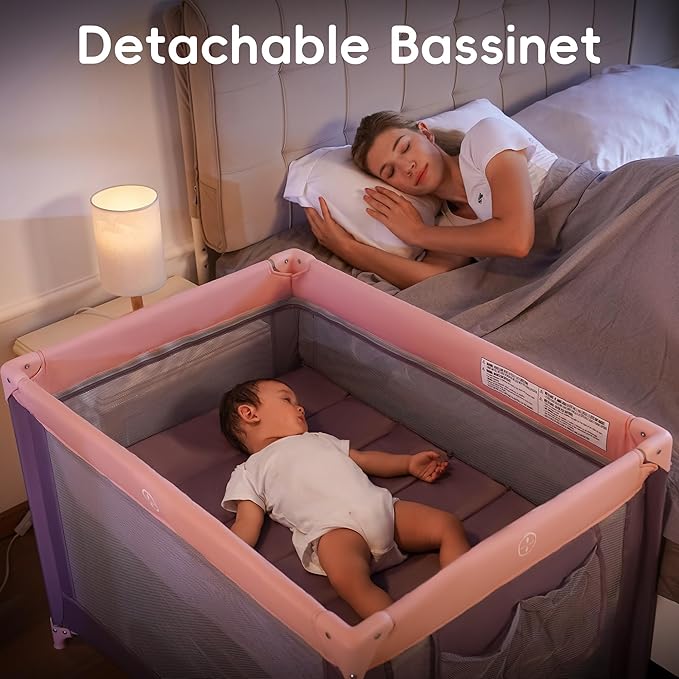 Pamo Babe Portable Playard with Mat Pad and Toy Bar Pink Play Yard for Baby