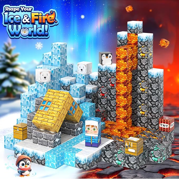Large Magnetic Blocks 110PCS Ice Fire World Inspired Playset Kids Magnet Toys 1 inch Building Cubes Magworld Add-on Building Craft Sensory Toys Game Gifts for Kids Ages 3-5 4-6 5-7 8-12
