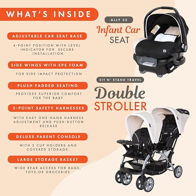 Baby Trend Infant and Toddler Double Stroller & Car Seat Combo, 2 Pc Set, Khaki - Portable and Lightweight Stroller Duo and Car Seat Travel System Tandem