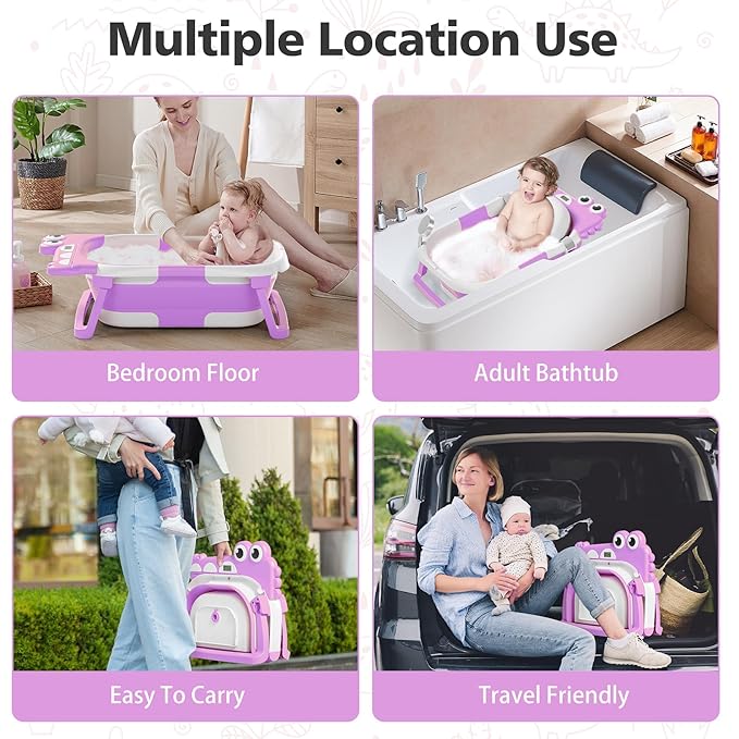 TPN Collapsible Baby Bathtub, Baby Bath Tub with Soft Cushion & Real-Time Thermometer, Baby Bathtub Infant to Toddler Tub (0-36 Months), Portable Travel Baby Tubs for Newborns (Lavender)