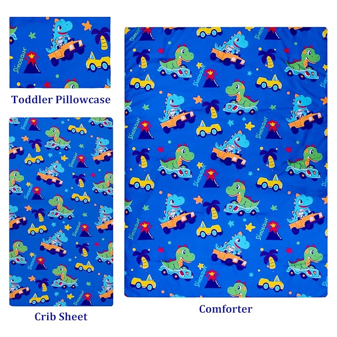 Cloele Dinosaur Crib Bedding Sets for Boys - 3 Piece Standard Size Baby Bedding Set Includes Crib Comforter Fitted Sheet Crib Skirt - Nursery Bedding Set for Boys and Girls