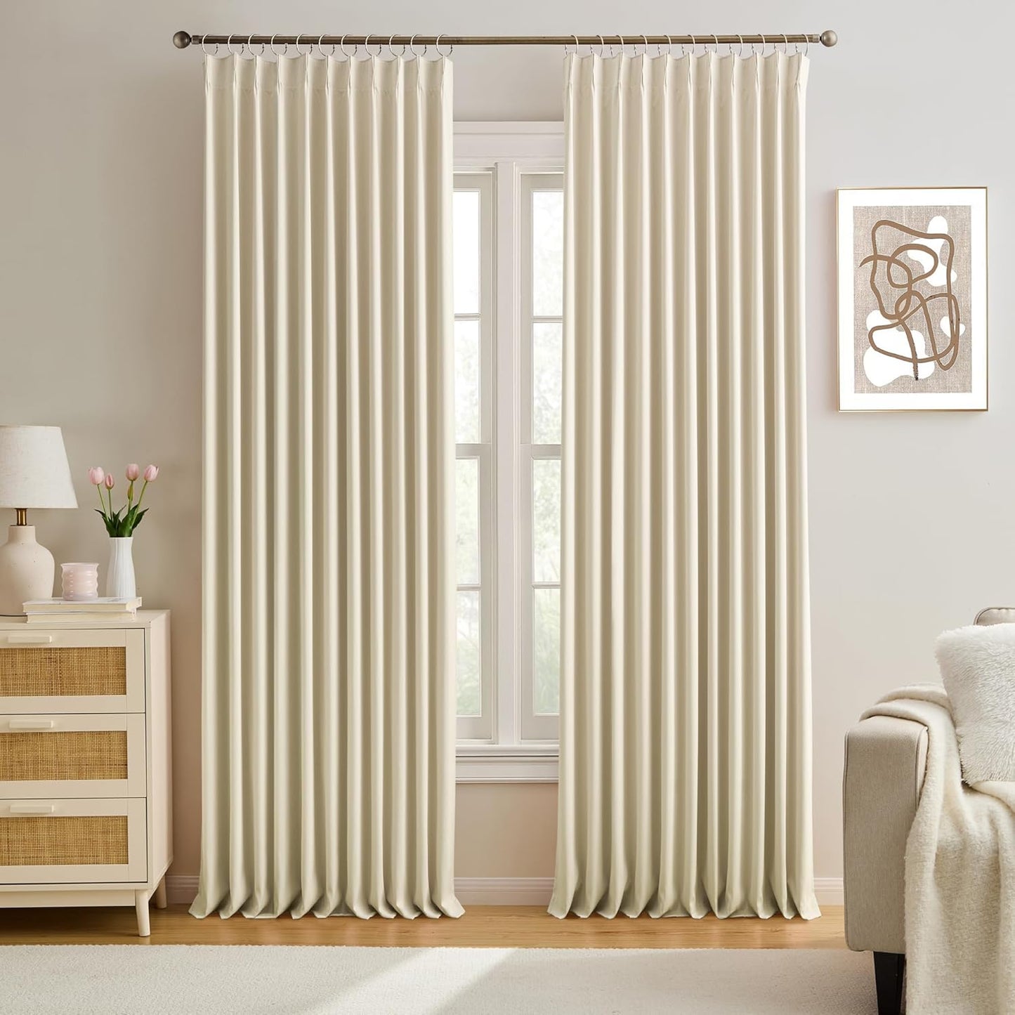 KEQIAOSUOCAI Cream Beige Curtains 72 inch Wide x 108 inch Long 2 Panels - Thermal Room Divider Curtains for Bedroom/Living Room/Patio, Wide Width Pinch Pleated Ceiling Track Curtain Panel with Hooks