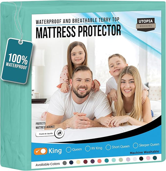 Utopia Bedding Waterproof Mattress Protector King Size, Premium Terry Mattress Cover 200 GSM, Breathable, Fitted Style with Stretchable Pockets (Spa Blue)
