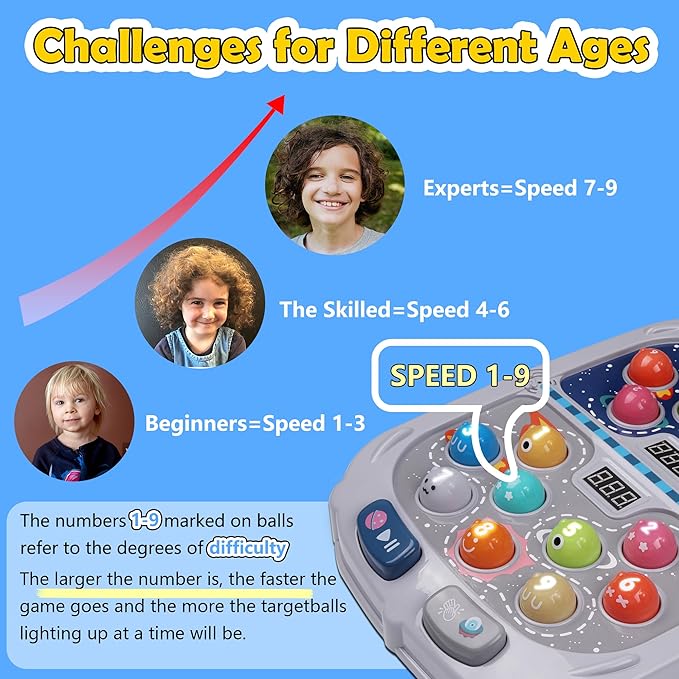 2-Player Whack Game Mole Toy for Kids Ages 3+, 11x15in Early Learning Toy with Lights & Sounds, Interactive Pounding Bench with 9 Speed Levels, Perfect for Families with Multiple Kid of Different Ages