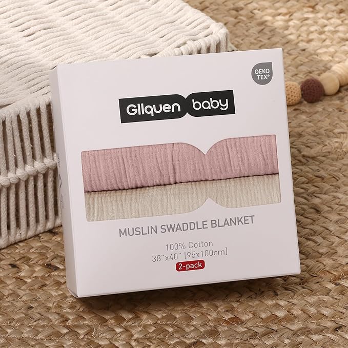 GLLQUEN BABY Muslin Swaddle Blankets for Girls, 2-Pack Organic Baby Blankets for Girl Boy, Newborn Receiving Blanket, Baby Swaddle Blanket Unisex, Baby Essentials, Registry & Gift, 40 x 38 inches