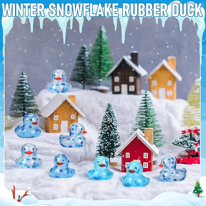 24 Pcs Winter Rubber Ducks Bulk Squeaky Floating Bath Snowflakes Duck Toys for Birthday Christmas Party Gifts Supplies Class Prizes Decorations Party Favors