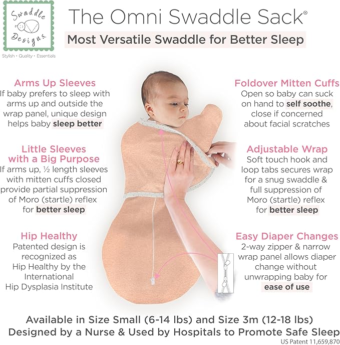 SwaddleDesigns 6-Way Omni Swaddle Sack Arms Up Swaddle for Newborn, More Options to Calm Startle Reflex, Improves Sleep